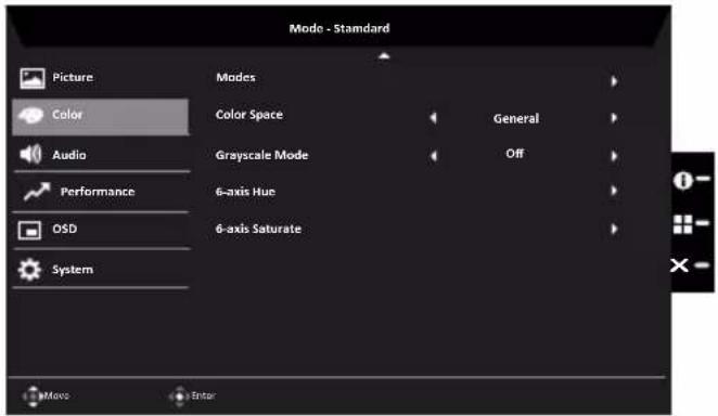 Mode - Standard Picture Modes Color Color Space General Audio Grayscale Mode Off Performance 6-axis Hue OSD 6-axis Saturate System Move Enter