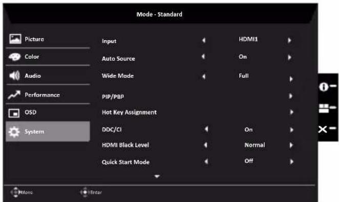 Mode - Standard Picture Input HDMI1 Color Auto Source On Audio Wide Mode Full Performance PIP/PBP OSD Hot Key Assignment System DDC/CI On HDMI Black Level Normal Quick Start Mode Off Move Enter