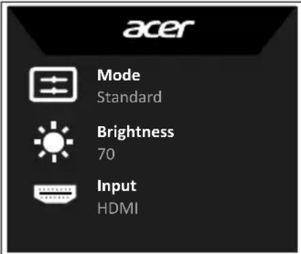 acer Mode Standard Brightness 70 Input HDMI