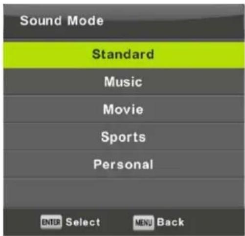 Sound Mode Standard Music Movie Sports Personal ENTER Select MENU Back