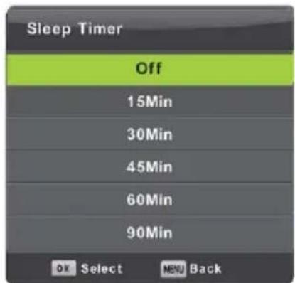 Sleep Timer Off 15Min 30Min 45Min 60Min 90Min OK Select MENU Back