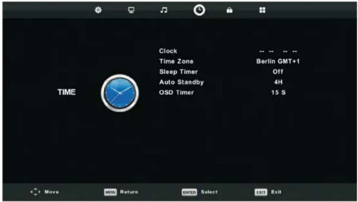 Clock Time Zone Sleep Timer Auto Standby OSD Timer TIME Berlin GMT+1 Off 4H 15 S Move MENU Return ENTER Select EXIT Exit