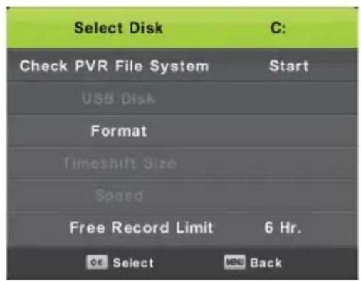 Select Disk C: Check PVR File System Start USB Disk Format Timeshift Size Speed Free Record Limit 6 Hr. OK Select MEND Back