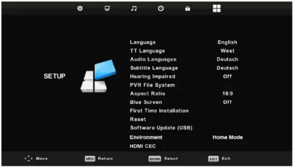 Language TT Language Audio Languages Subtitle Language Hearing Impaired PVR File System Aspect Ratio Blue Screen First Time Installation Reset Software Update (USB) Environment HDMI CEC English West Deutsch Deutsch Off 16:9 Off Home Mode Move MENU Return ENTER Select EXIT Exit