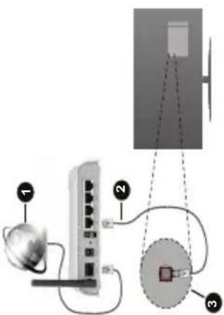 Diagram showing network connection setup with labeled components: radio, satellite, and monitor screen