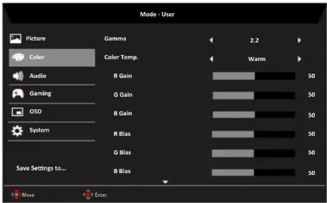 Mode - User Picture Gamma 2.2 Color Color Temp. Audio R Gain Warm Gaming G Gain 50 OSD B Gain 50 System R Bias 50 Save Settings to... G Blas 50 B Bias 50 Move Enter