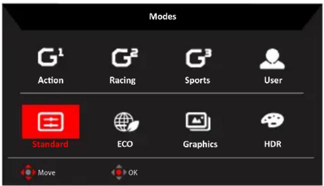 Modes G¹ Action G² Racing G³ Sports User Standard ECO Graphics HDR Move OK