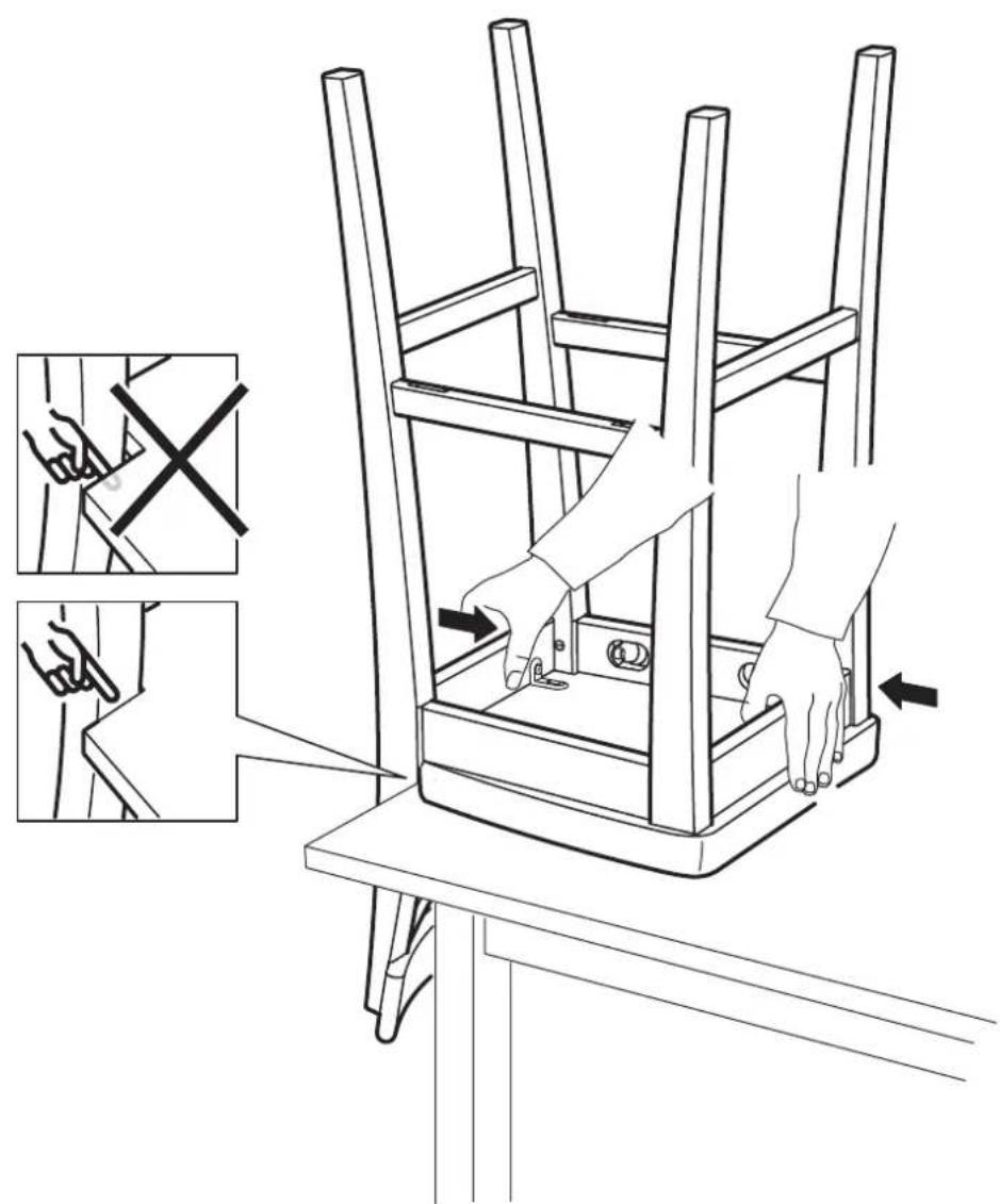 Technical diagram showing hand positioning of a mechanical device with labeled components and directional arrows indicating assembly steps.