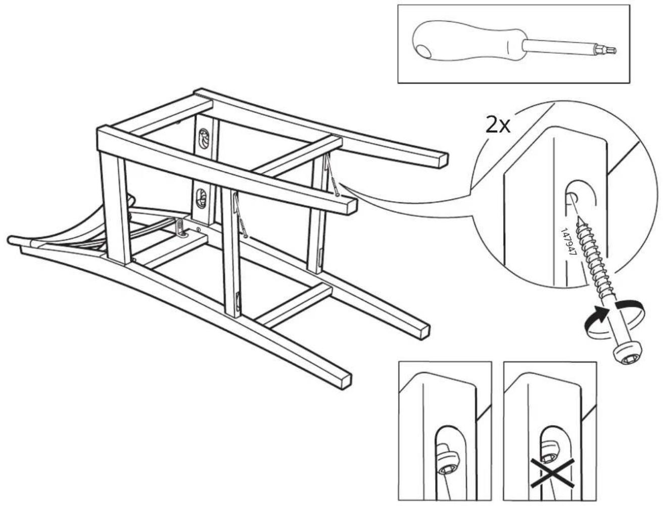 Technical diagram of a wooden table frame with labeled parts and mechanical assembly instructions