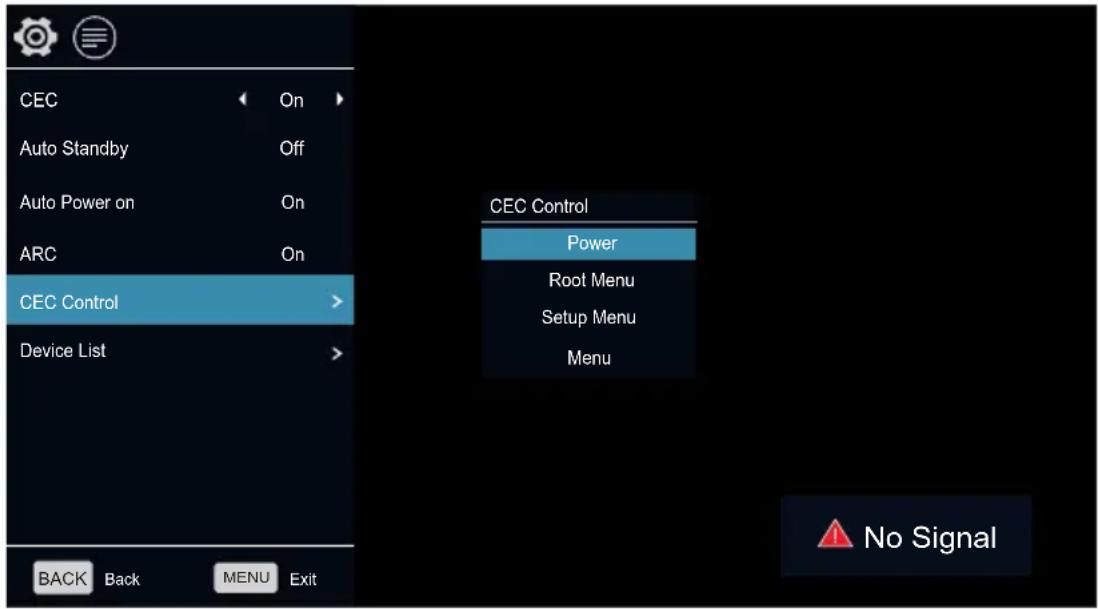 CEC Auto Standby Auto Power on ARC CEC Control Device List CEC Control Power Root Menu Setup Menu Menu BACK Back MENU Exit No Signal