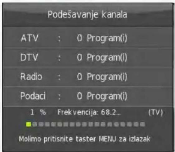 Podešavanje kanala ATV : 0 Program(i) DTV : 0 Program(i) Radio : 0 Program(i) Podaci : 0 Program(i) 1 % Frekvencija: 68.2... (TV) Molimo pritisnite taster MENU za izlazak