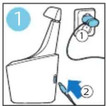 Diagram showing a spray bottle with two labeled steps: step 1 shows a spray bottle, step 2 shows a blue brush applying liquid to a wall-mounted device.