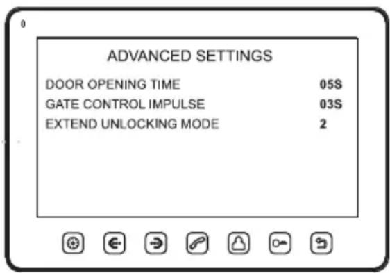 ADVANCED SETTINGS DOOR OPENING TIME 05S GATE CONTROL IMPULSE 03S EXTEND UNLOCKING MODE 2