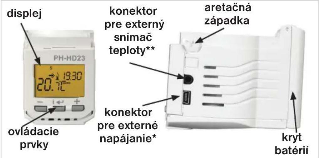 displej PH-HD23 20.7°C 19:30 ovládacie prvky konektor pre externý snímač teploty** konektor pre externé napájanie* aretačná západka kryt batérií