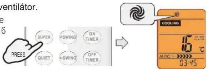 ventilátor. e 6 PRESS SUPER SWING ON TIMER QUIET SWING OFF TIMER COOLING 16 °C AUTO > 03:45