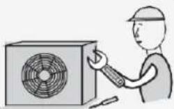 Illustration of a worker operating a power supply unit with a fan (no text or symbols)