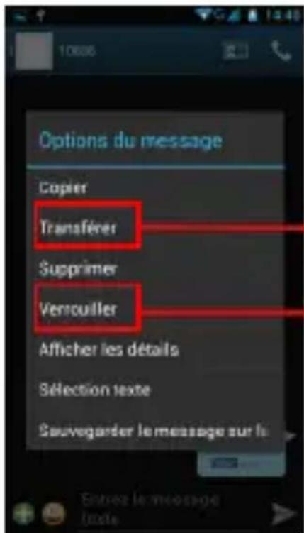 Options du message Copier Transférer Supprimer Verrouiller Afficher les détails Sélection texte Sauvegarder le message sur la