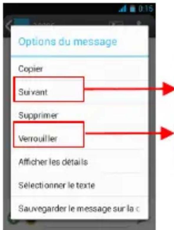 Options du message Copier Suivant Supprimer Verrouiller Afficher les détails Sélectionner le texte Sauvegarder le message sur la c