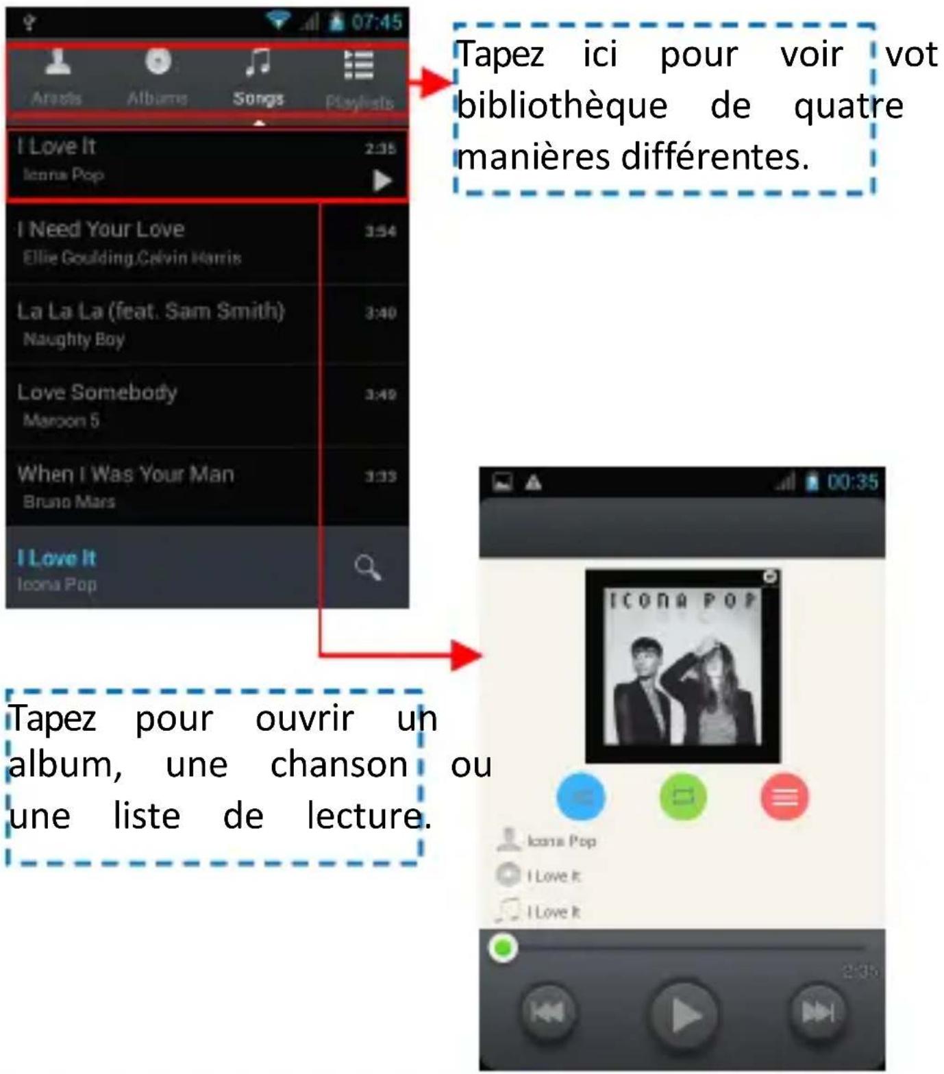 Tapez ici pour voir vot bibliothèque de quatre manières différentes. I Love It Icona Pop I Need Your Love Ellie Goulding,Calvin Harris La La La (feat. Sam Smith) Naughty Boy Love Somebody Maroon 5 When I Was Your Man Bruno Mars I Love It Icona Pop Tapez pour ouvrir un album, une chanson ou une liste de lecture.