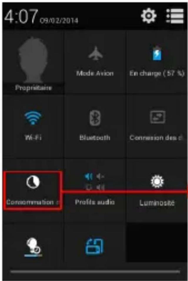 4:07 09/02/2014 Propriétaine Mode Avion En charge ( 57 %) Wi-Fi Bluetooth Connexion des d Consommation Profit audio Luminosité