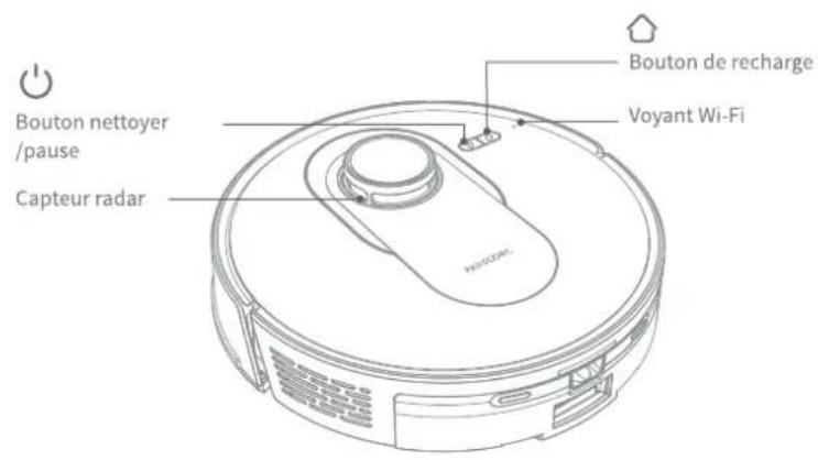 Bouton nettoyer /pause Capteur radar Bouton de recharge Voyant Wi-Fi