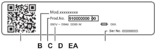 Mod.xxxxxxxxxx Prod.No. 910000000 00 GDDV - 00Hz DCOO W C0A Ser.No. 00000000 B C D EA