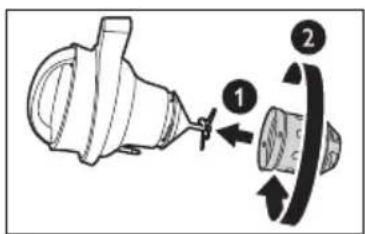 Diagram showing mechanical assembly with labeled parts 1 and 2, likely illustrating a turning or disassembly process.