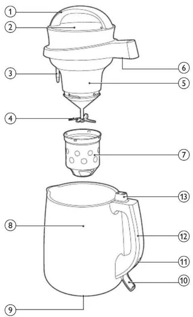 Labeled diagram of a coffee maker with numbered parts for identification