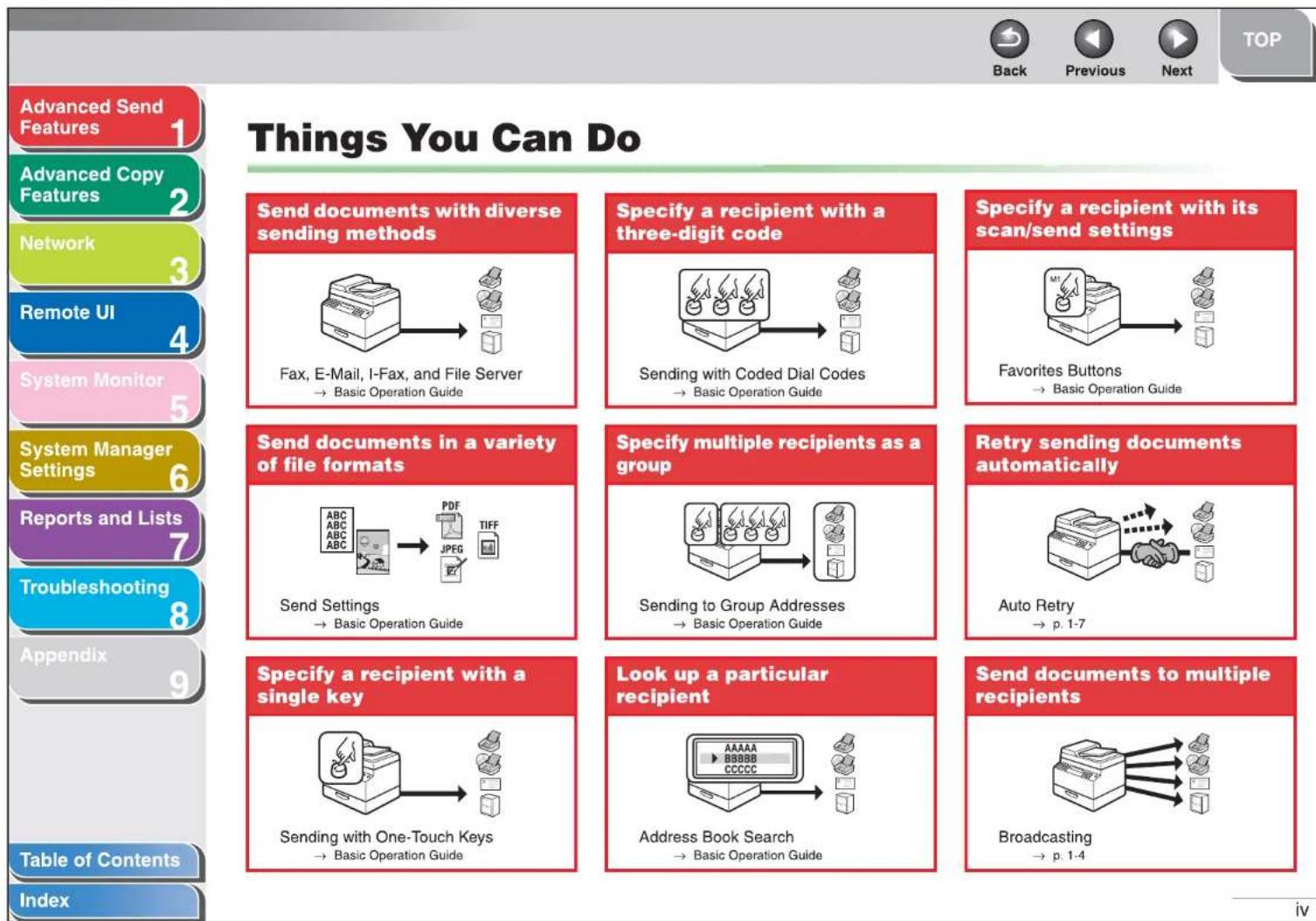 Things You Can Do Advanced Send Features 1 Advanced Copy Features 2 Network 3 Remote UI 4 System Monitor 5 System Manager Settings 6 Reports and Lists 7 Troubleshooting 8 Appendix 9 Table of Contents Index Send documents with diverse sending methods Fax, E-Mail, I-Fax, and File Server → Basic Operation Guide Specify a recipient with a three-digit code Sending with Coded Dial Codes → Basic Operation Guide Specify a recipient with its scan/send settings Favorites Buttons → Basic Operation Guide Send documents in a variety of file formats Send Settings → Basic Operation Guide Specify multiple recipients as a group Sending to Group Addresses → Basic Operation Guide Retry sending documents automatically Auto Retry → p. 1-7 Specify a recipient with a single key Sending with One-Touch Keys → Basic Operation Guide Look up a particular recipient Address Book Search → Basic Operation Guide Send documents to multiple recipients Broadcasting → p. 1-4