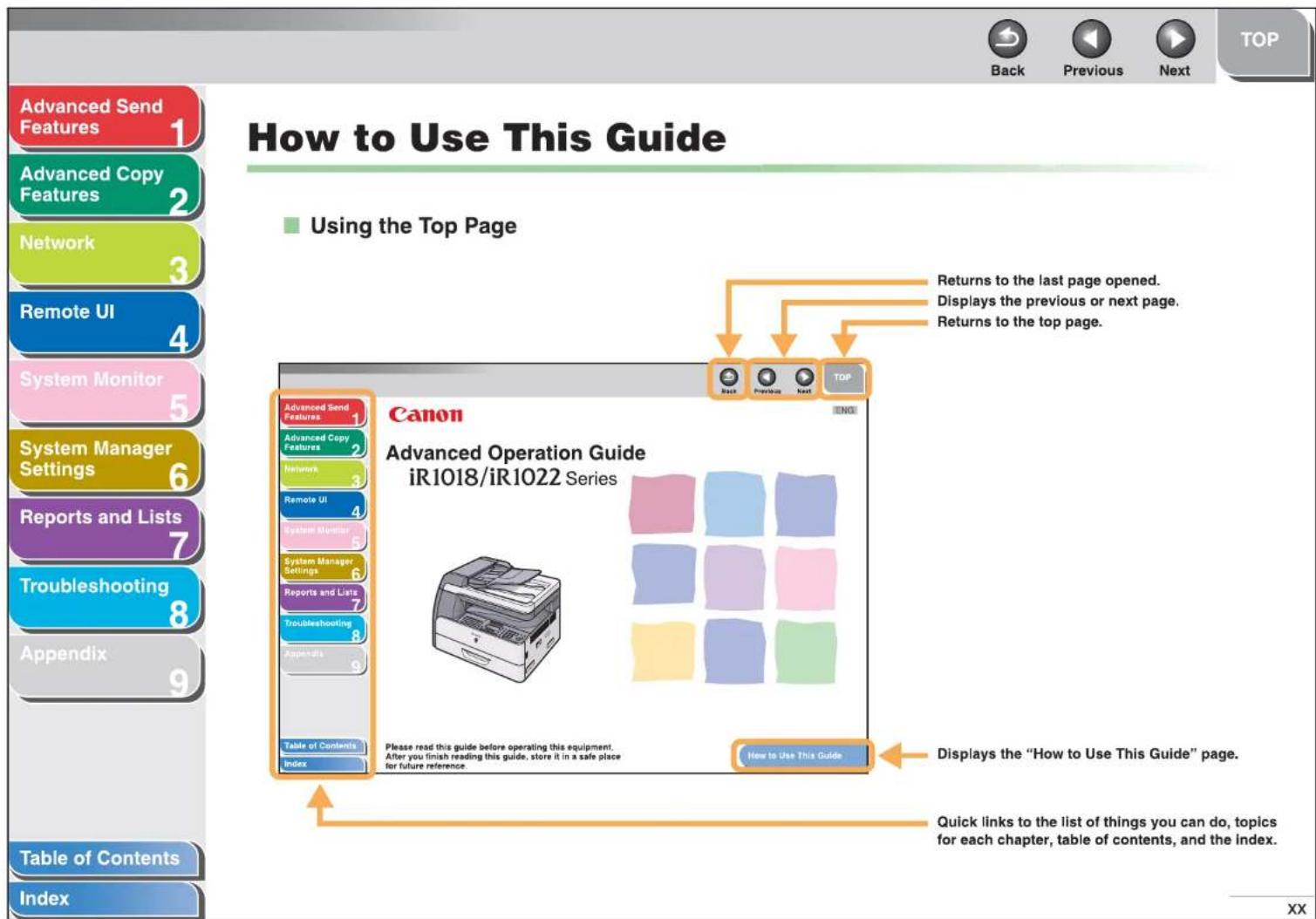 Advanced Send Features 1 Advanced Copy Features 2 Network 3 Remote UI 4 System Monitor 5 System Manager Settings 6 Reports and Lists 7 Troubleshooting 8 Appendix 9 Table of Contents Index How to Use This Guide Using the Top Page Canon Advanced Operation Guide iR1018/iR1022 Series Returns to the last page opened. Displays the previous or next page. Returns to the top page. Back Previous Next TOP Please read this guide before operating this equipment. After you finish reading this guide, store it in a safe place for future reference. How to Use This Guide Displays the "How to Use This Guide" page. Quick links to the list of things you can do, topics for each chapter, table of contents, and the index.