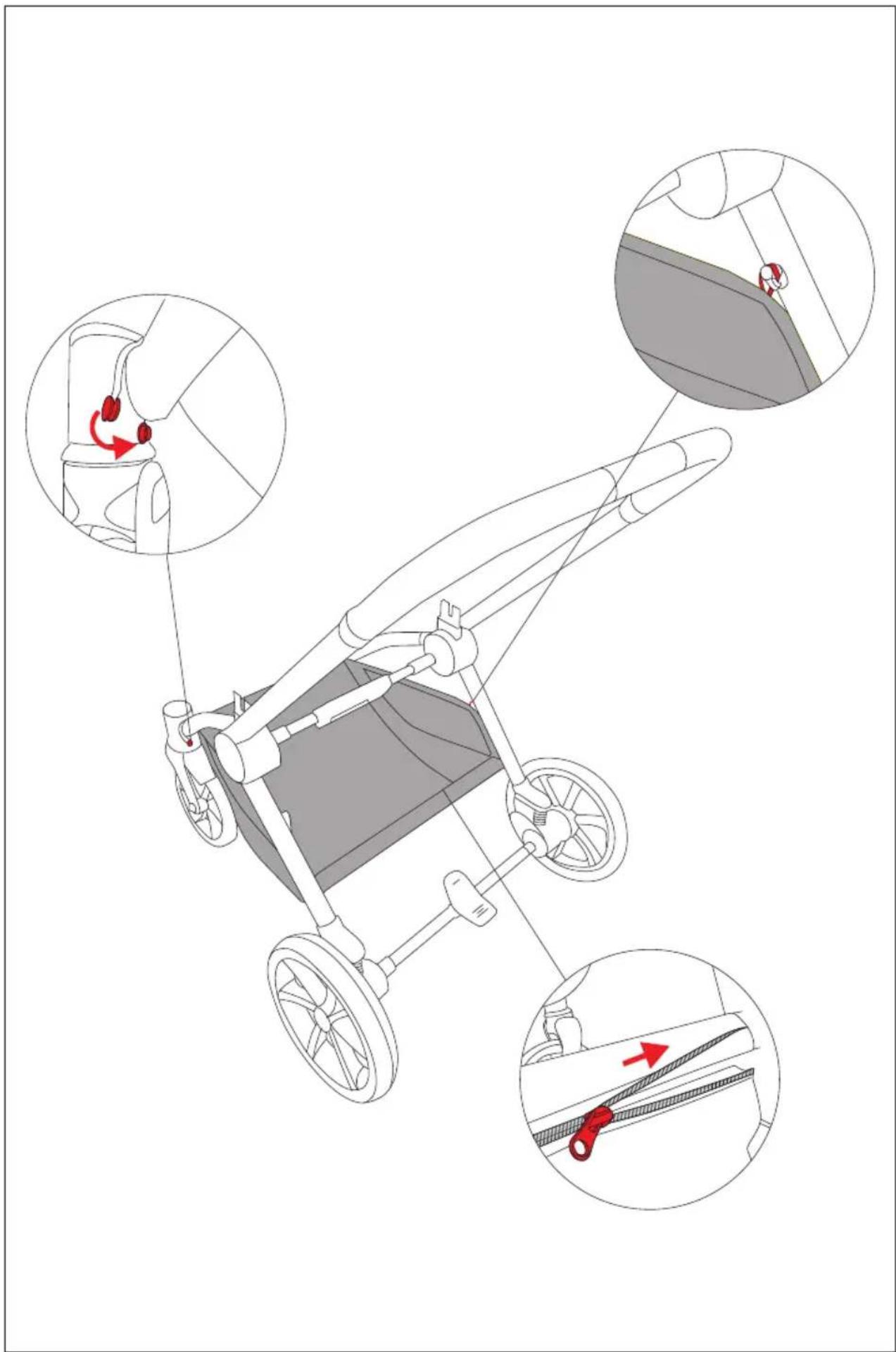 Diagram of a stroller with close-up views showing mechanical components and red arrows indicating motion or force directions.