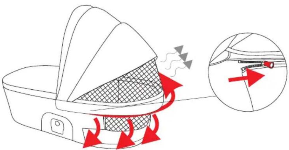 Diagram illustrating car hood cleaning process with red arrows indicating motion and wear, plus inset detail showing cable attachment.