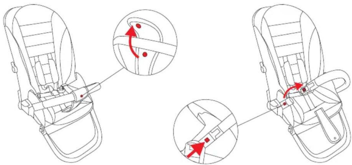 Technical diagram showing three views of a baby car seat with red arrows indicating adjustment points for the seat.