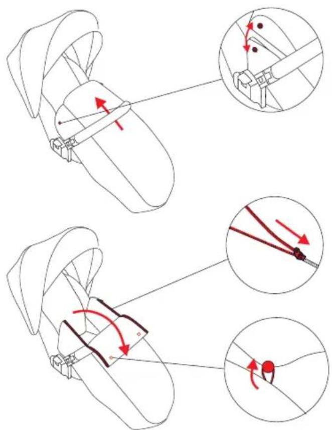 Technical diagram illustrating mechanical assembly steps with labeled arrows and circular insets for motion analysis.