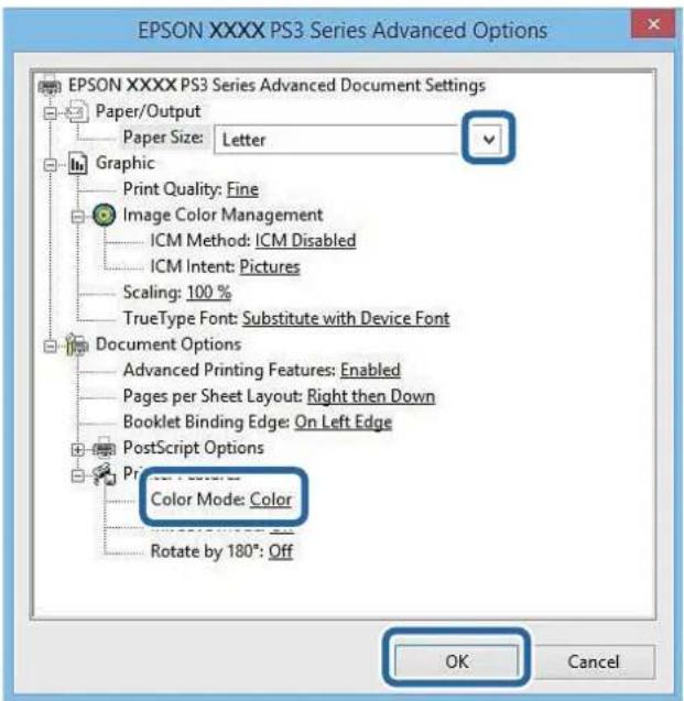 EPSON XXXX PS3 Series Advanced Options EPSON XXXX PS3 Series Advanced Document Settings Paper/Output Paper Size: Letter Graphic Print Quality: Fine Image Color Management ICM Method: ICM Disabled ICM Intent: Pictures Scaling: 100 % TrueType Font: Substitute with Device Font Document Options Advanced Printing Features: Enabled Pages per Sheet Layout: Right then Down Booklet Binding Edge: On Left Edge PostScript Options Color Mode: Color Rotate by 180°: Off OK Cancel