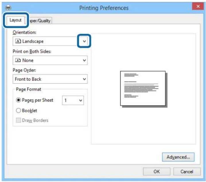 Printing Preferences Layout Paper/Quality Orientation: ▲ Landscape Print on Both Sides: None Page Order: Front to Back Page Format ● Pages per Sheet 1 ○ Booklet □ Draw Borders Advanced... OK Cancel