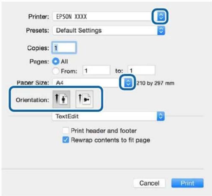 Printer: EPSON XXXX Presets: Default Settings Copies: 1 Pages: All From: 1 to: 1 Paper Size: A4 210 by 297 mm Orientation: TextEdit Print header and footer Rewrap contents to fit page Cancel Print