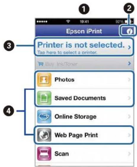 Epson iPrint Printer is not selected. > Tap here to select a printer. Buy Ink/Tuner Photos Saved Documents Online Storage Web Page Print Scan