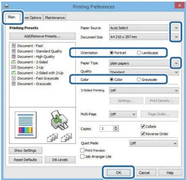 Printing Preferences Main More Options Maintenance Printing Presets Add/Remove Presets... Document - Fast Document - Standard Quality Document - High Quality Document - 2-Sided Document - 2-Up Document - 2-Sided with 2-Up Document - Fast Grayscale Document - Grayscale Paper Source Auto Select Document Size A4 210 x 297 mm Orientation Portrait Landscape Paper Type plain papers Quality Standard Color Color Grayscale 2-Sided Printing Off Settings... Print Density... Multi-Page Off Page Order... Copies 1 Collate Reverse Order Quiet Mode Off Print Preview Job Arranger Lite Show Settings Reset Defaults Ink Levels OK Cancel Help