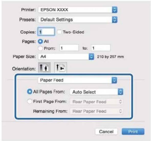 Printer: EPSON XXXX Presets: Default Settings Copies: 1 Two-Sided Pages: All From: 1 to: 1 Paper Size: A4 210 by 297 mm Orientation: Paper Feed All Pages From: Auto Select First Page From: Rear Paper Feed Remaining From: Rear Paper Feed Cancel Print