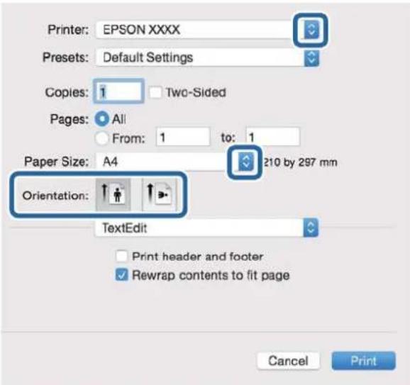 Printer: EPSON XXXX Presets: Default Settings Copies: 1 Two-Sided Pages: All From: 1 to: 1 Paper Size: A4 210 by 297 mm Orientation: TextEdit Print header and footer Rewrap contents to fit page Cancel Print