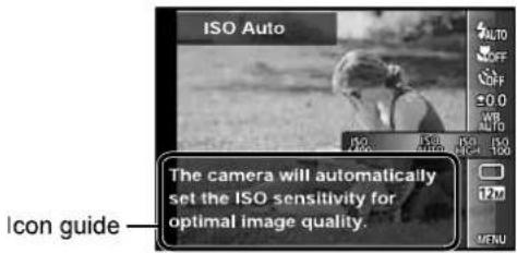 ISO Auto The camera will automatically set the ISO sensitivity for optimal image quality. Icon guide—