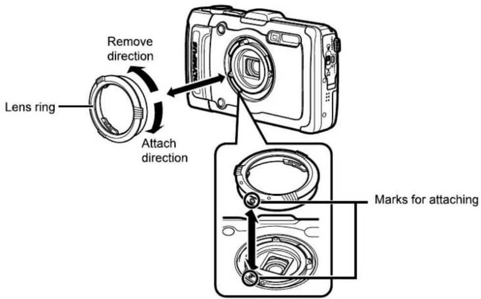 Lens ring Remove direction Attach direction Marks for attaching