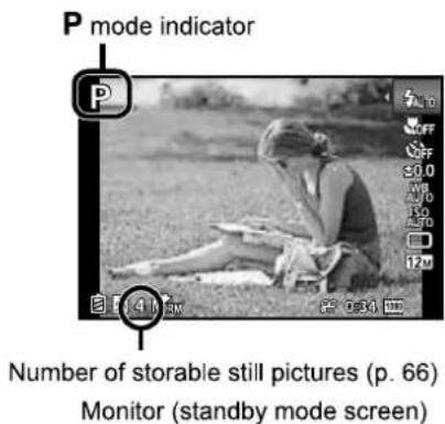 P mode indicator P Number of storable still pictures (p. 66) Monitor (standby mode screen)