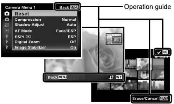 Camera Menu 1 Reset Compression Normal Shadow Adjust Auto AF Mode Face/ESP ESP ESP Digital Zoom Off Image Stabilizer On Operation guide Back MENU Back MENU WT Erase/Cancel MENU
