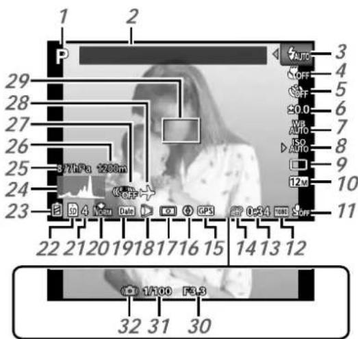 1 2 P 29 28 27 26 25 24 23 37hPa ±90m OFF SD 4 Vccm Date CRI GPS 0x34 Tone OFF 22 21 20 19 18 17 16 15 14 13 12 AUTO 3 OFF 4 OFF 5 ±0.0 6 AVI 7 AVI 8 i2M 9 10 11 OFF 1/100 F3.3 32 31 30