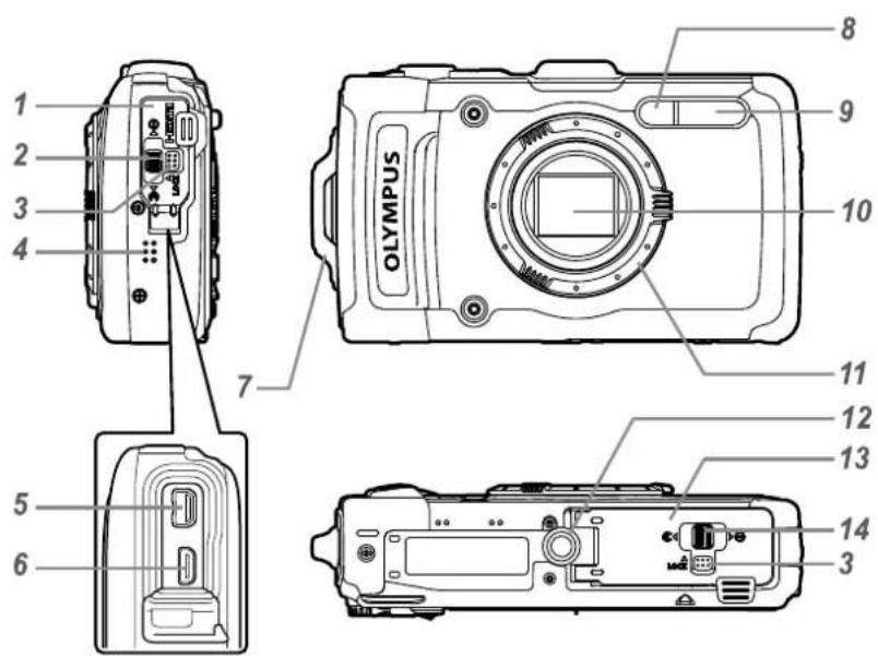 Technical diagram of a digital camera with numbered parts for identification and assembly reference.