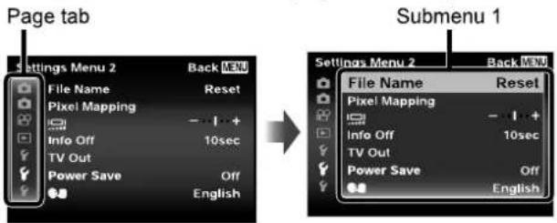 Page tab Settings Menu 2 Back MENU File Name Reset Pixel Mapping Info Off 10sec TV Out Power Save Off English Submenu 1 Settings Menu 2 Back MENU File Name Reset Pixel Mapping Info Off 10sec TV Out Power Save Off English