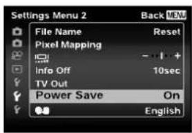 Settings Menu 2 File Name Reset Pixel Mapping Info Off 10sec TV Out Power Save On English