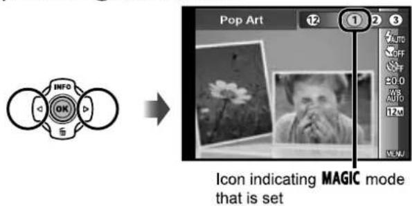 Pop Art 12 ① ② ③ Auto OFF OFF 20.0 WB AUTO 17.0 5 INFO OK Icon indicating MAGIC mode that is set